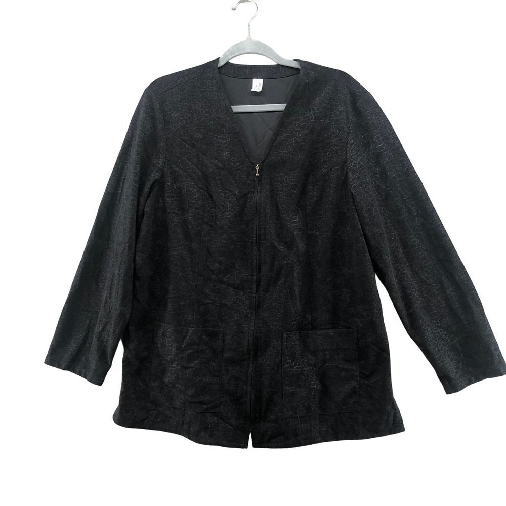 VTG Black Velvet Jacket Womens L/XL Jacquard Leopard Print‎ Zip V-Neck Formal